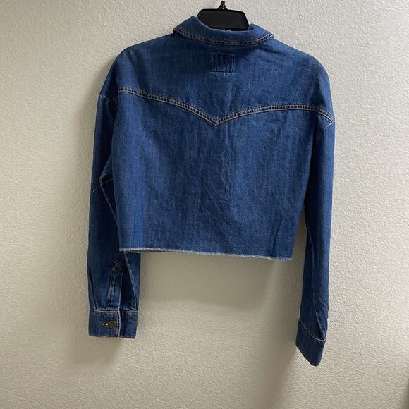 R). Wrangler Cropped Jacket Jeans 4 Buttons Long Sleeve Blue size Small - Picture 4 of 8